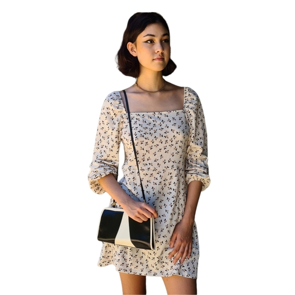 Cotton On M Ivory Floral Long Sleeve Square Neckline Mini Dress - Picture 6 of 14